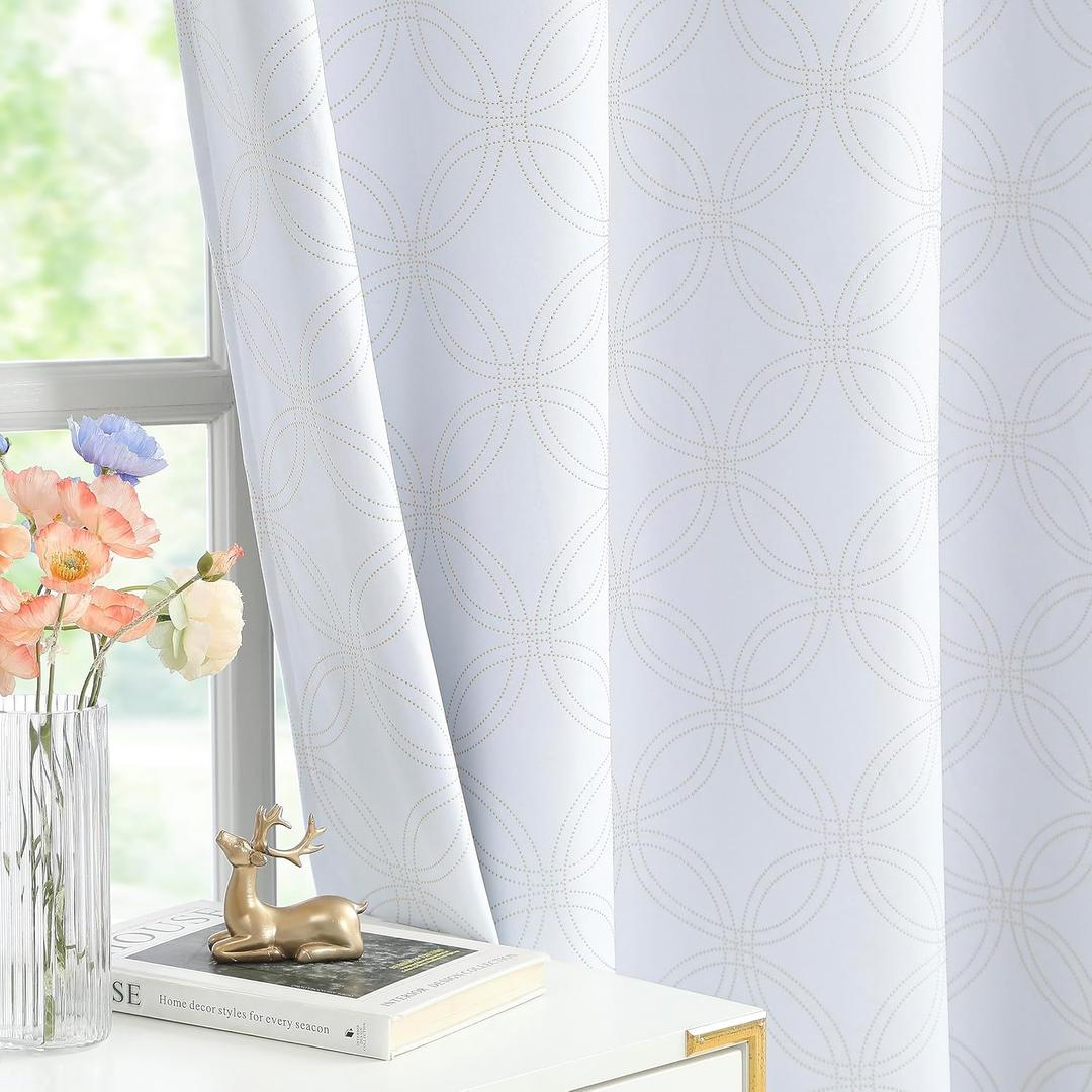 100% Blackout Curtains Thermal Insulated Noise Reduction Drapes for Bedroom & Living Room Metallic Foil Energy Saving Window Panels Grommet Top, Set of 2, 52 Inch Wide x 84 Inch Long, White/Gold