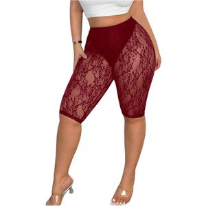 Women's Plus Size Floral Lace High Waisted Shorts Sheer Mesh Casual Leggings (X-Large Plus, Red)
