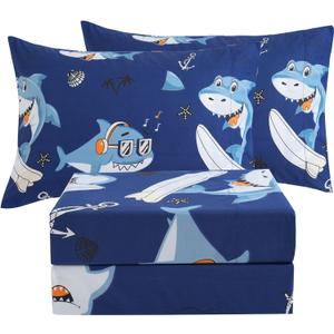 JSD Blue Shark Surfing Kids Sheet Set Full Size, 4 Piece Nautical Printed Microfiber Sheets Deep Pocket