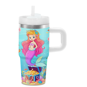 Mermaid Tumbler with Handle and Straw for Kids 14oz, Insulated Stainless Steel Little Mermaid Girls Cup Mug, Birthday Christmas Gifts for Kids Girls