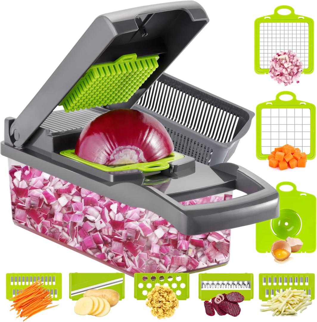 Ourokhome Vegetable Chopper Onion Cutter, 12 in 1 Professional Mandoline Slicer for Kitchen, Multifunctional Food Chopper for Potato, Tomato, Veggie with Strainer Basket, 8 Blades, Gray (Gery)