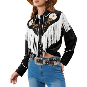 JOHN MOON Women's Floral Embroidered Fringe Western Shirts Rodeo Cowgirl Button Down Blouse Tops Country Style Outfits L