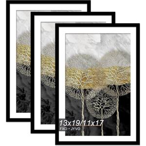 13x19 Picture Frame Set of 3, Display Poster 11x17 with Mat or 13 x 19 Without Mat, Light Weight and High Transparent 13 by 19 Frame for Wall - 3 Pack/Black/13 x19
