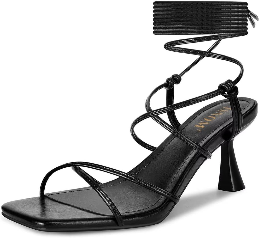 ISNOM Strappy Sandals for Women Kitten Heels Lace Up Heels Stiletto Heels Wrap Around Heels with Square Toe 6