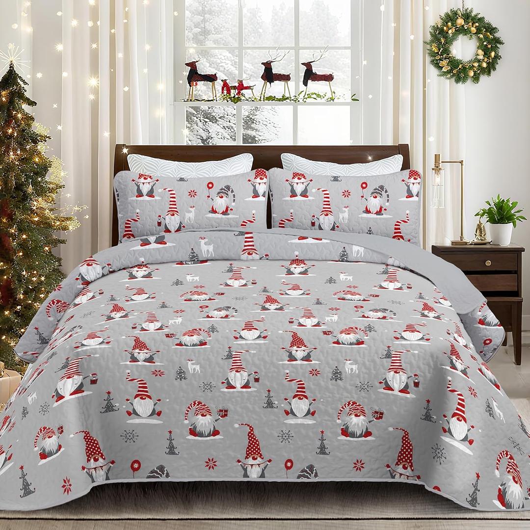 Dobuyly Christmas Quilt Set Queen Size, Red Grey Santa Claus Pattern Bedspread Christmas Bedding Set, Soft Polyester Winter Holiday Coverlet Set (96"x90", 3 Pieces) (Gray)
