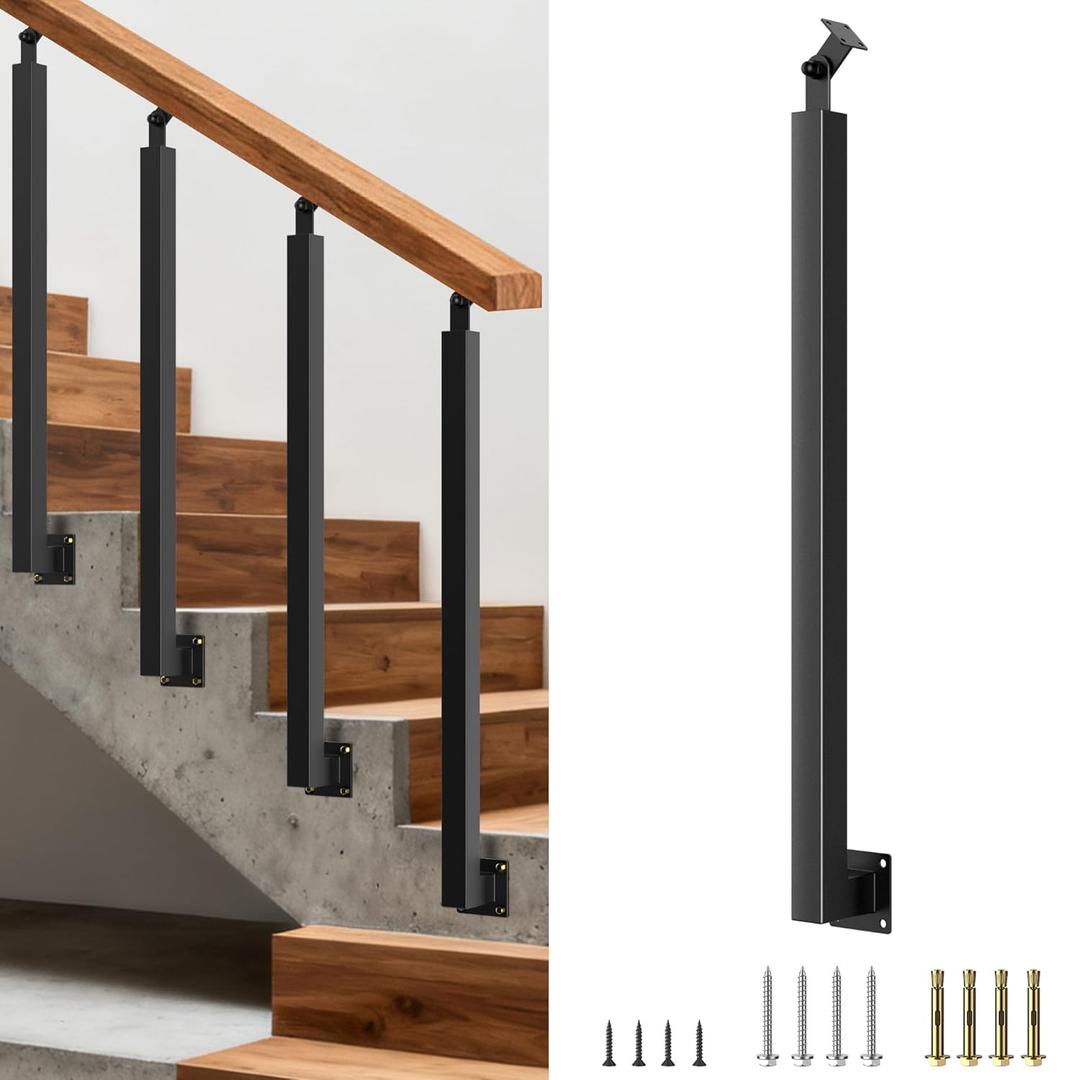 Side Mount Stair Railing Post, 35.4 Inch Black Metal Baluster Spindles with 270 Adjustable Bracket for Indoor Stairs, Deck, Porch & Balcony Railing