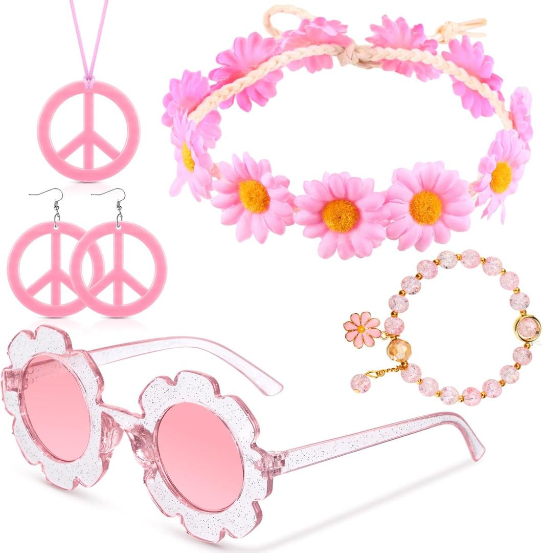 Tondiamo 5 Pcs Kids Hippie Costume Accessories 60s 70s Toddler Girl Outfit Boho Peace Sign Daisy Flower for Halloween Cosplay (Light Pink)