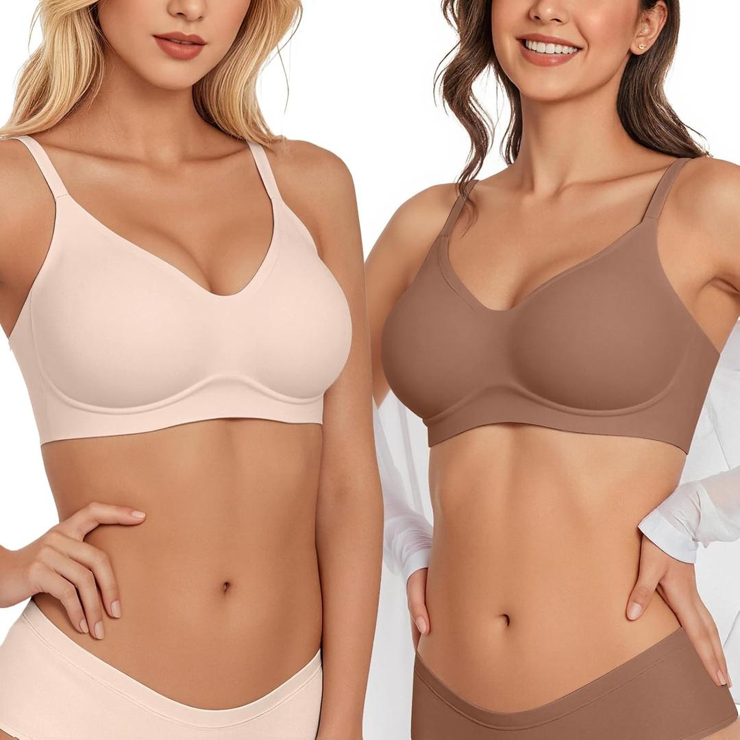 Vertvie Wireless Bras for Women Full Coverage Supportive Seamless Bralettes No Underwire Push Up Comfort Soft T-Shirt Bra (Large, Nude+coffee)