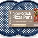 Bakken Pizza Baking Pan - Round Perforated Carbon Steel Pan with Non-Stick Marble Coating, Oversized Silicone Handle, Dishwasher Safe, High-Temperature Resistant, Durable & Easy Cleanup - Blue, 2 Pack