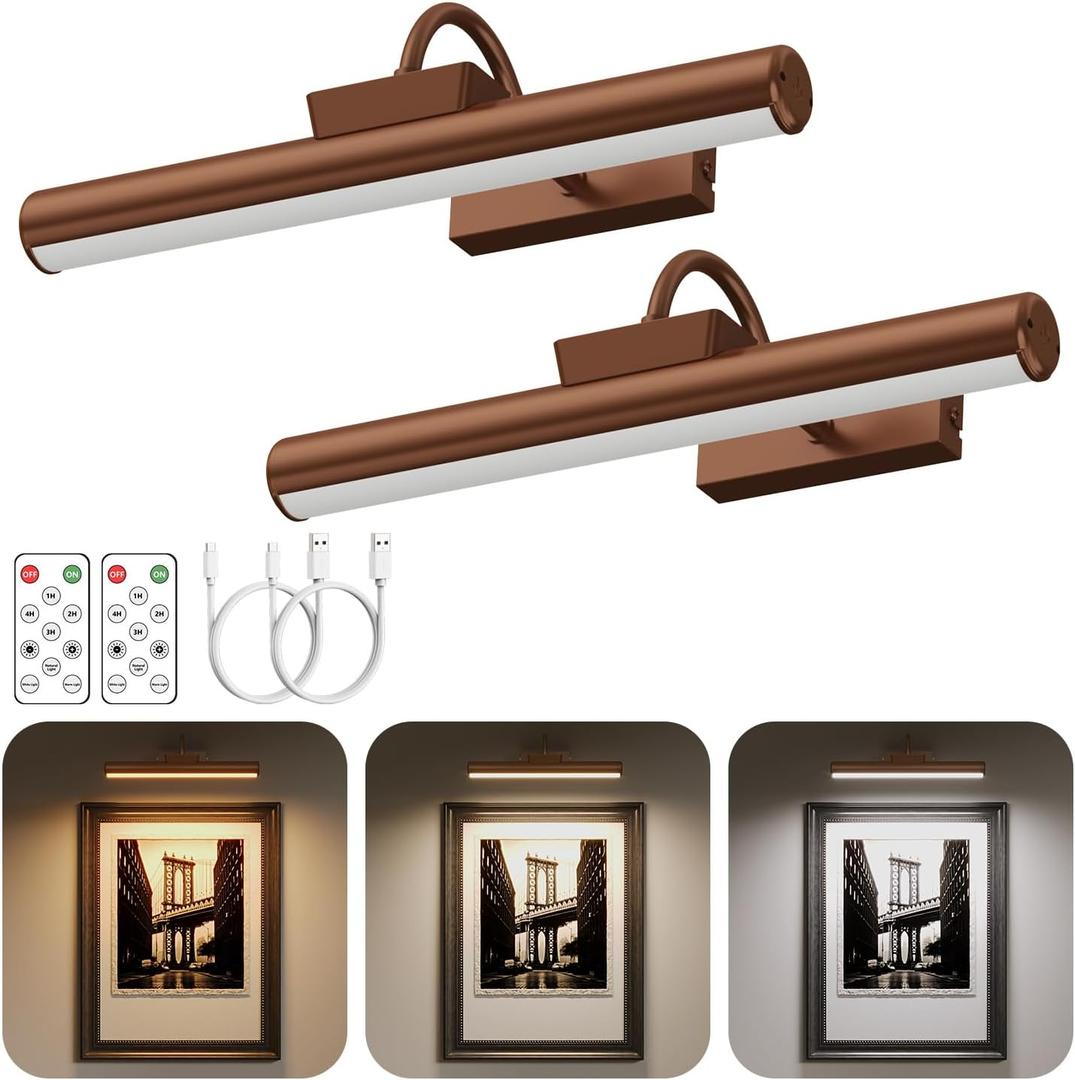 Picture Light Battery Operated, 13in Wireless Art Light for Paintings, Dimmable 5000mAh Recharging Battery Picture Light with Remote Control for Wall, Gallery Dartboard Art Bedroom (Brass-2Pack)