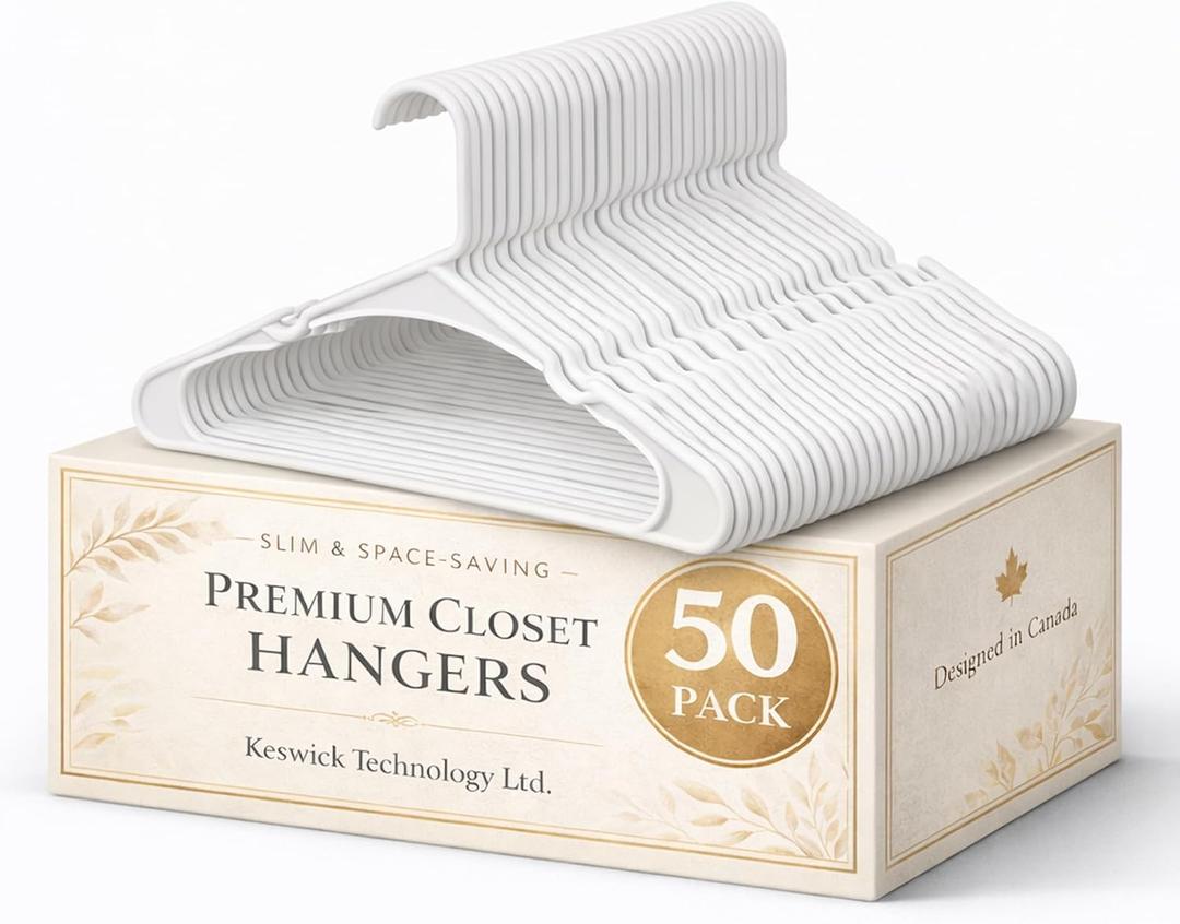 50 Pack Plastic Hangers, Space Saving Closet Hangers with Non-Slip Notches, Durable Slim Hangers for Shirts, Dresses, Jackets, Pants
