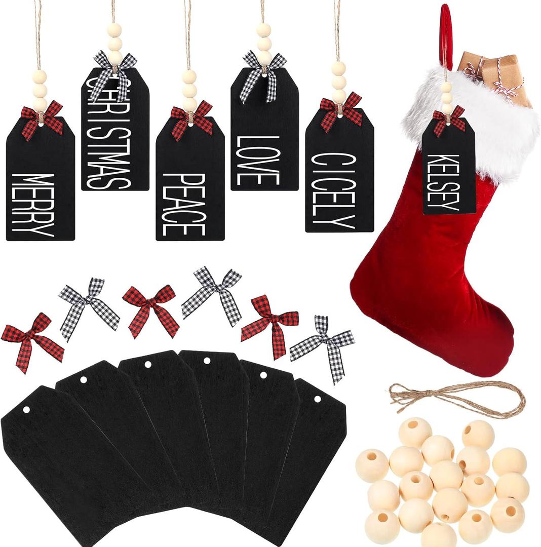 Junkin 12 Set Christmas Stocking Name Tags DIY Name Sign Christmas Ornaments Including Chalkboard Tags Wood Beads and Bow for Christmas Stockings Home Farmhouse Decor (Mixed Colors,4.5 x 2.6 Inch)