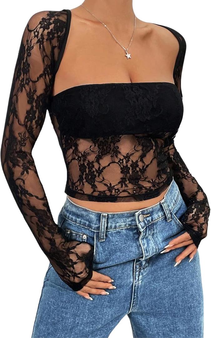 Girece Going Out Tops for Women Long Sleeve 2 Piece Square Neck Tank Top Lace Mesh Sheer Crop Tops Strapless Shirts (Black)