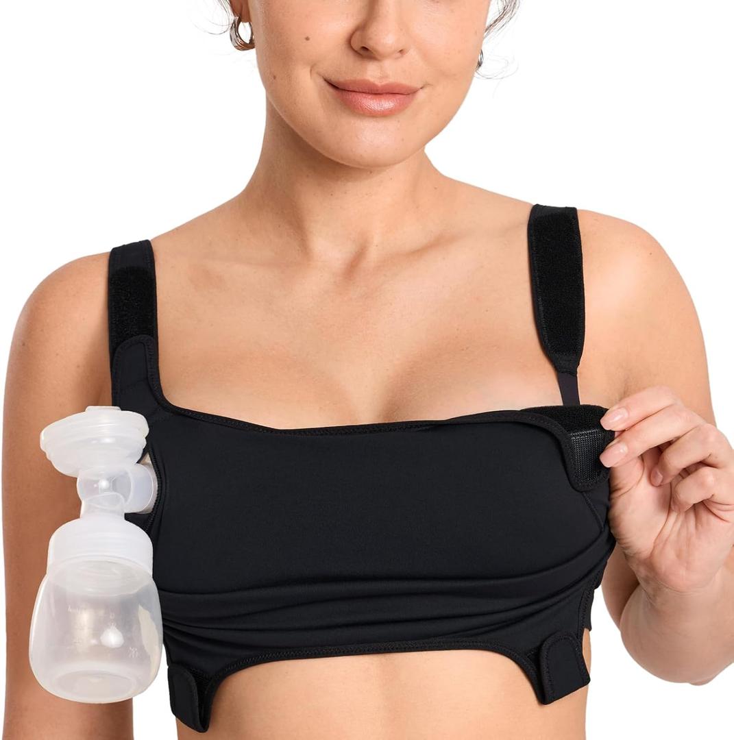 MOMANDA Hands Free Pumping Bra for Breastfeeding Wireless Sports Pumping and Nursing Bra in One with Wide Velcro Straps (Large, Black)