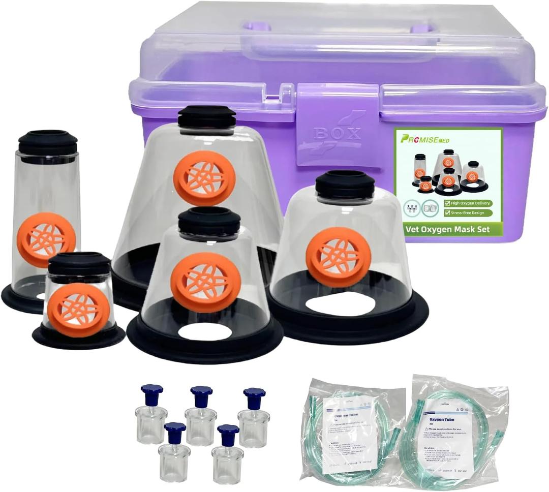 Pet Oxygen Mask Set - Veterinary Designed Breathing Aid for Dogs/Cats/Birds/Animals - 5 Sizes - Easy to Clean & Connect to Oxygen Source - Ensures Comfort & More Oxygen Delivery