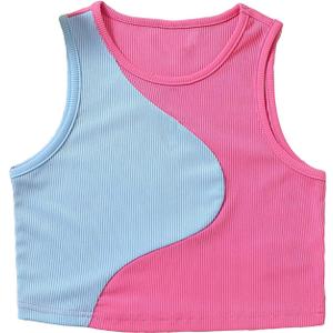 SHENHE Girl's Colorblock Ribbed Knit Round Neck Sleeveless Slim Fit Tank Top Blue and Pink 9Y (Pink)