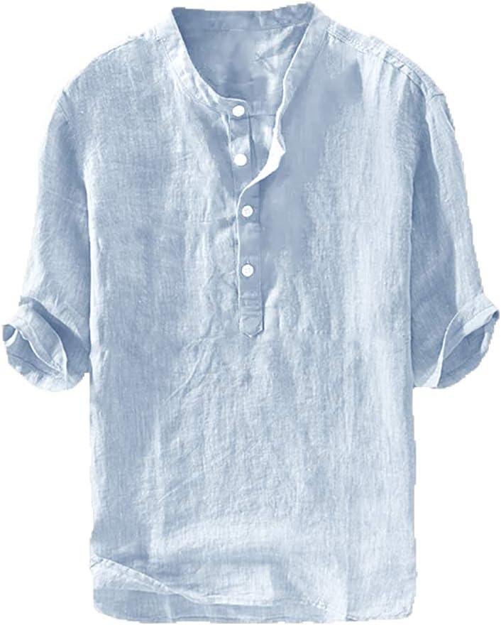 Ryannology Mens Linen Shirts Casual Cotton 3/4 Sleeve Regular-Fit Henley T-Shirt Summer Lightweight Beach Yoga Tops (01 Sky Blue, XXL)
