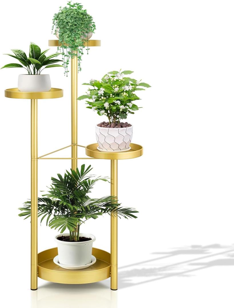 Matekxy Metal Plant Stand Indoor Outdoor 4-Tiper with 4 Flower Pot Holders Corner Tall Plant Shelves Multiplel Foldable Planter Rack Display Shelves for Livingroom, Bedroom, Office - Gold