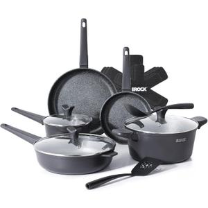 THE ROCK SOHO 15Pcs Cookware Set Pots and Pans Set Non Stick with ROCK.TEC Compact for Urban Kitchens, Nothing Sticks, Never Warps, Lasts Longer, Induction & Dishwasher Safe, Black