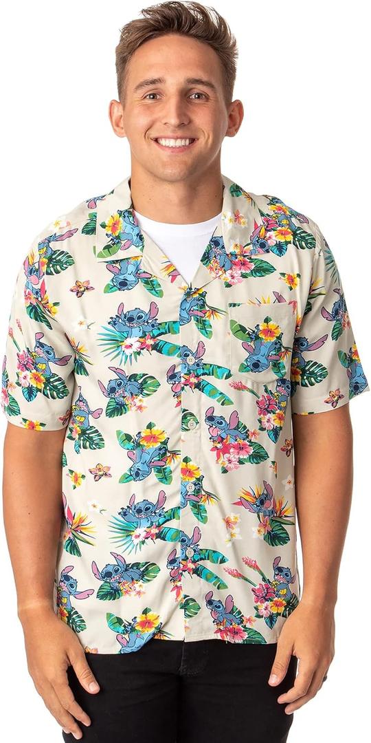 Disney Lilo and Stitch Men's Stitch Tropical Hawaiian Button Up Shirt (3X-Large, Khaki)