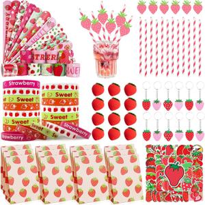 Strawberry Party Favors 122Pcs Themed Birthday Decorations Supplies Keychain Slap Bracelets Goodie Bags Stickers Eraser Game Toy Set Sweet Straw Berry Cute Gifts for Pinata Filler