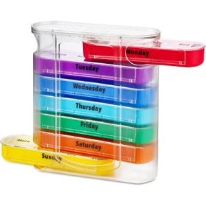 MEDca Weekly Pill Organizer, Four Times-a-Day, 1 Dispenser with Stackable AM/PM Compartments (Multicolor)