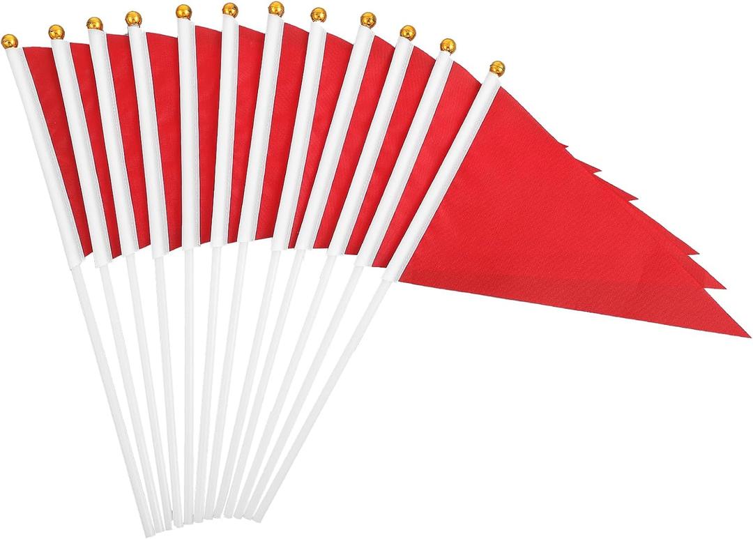 12Pack Small Flags with 12 Inch Plastic Pole - Red Flags 5x8 Inch Mini Triangle Red Flag for DIY Blank Hand Held Flag for Parade Party Decoration