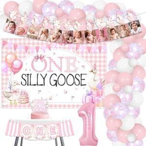 One Silly Goose Birthday Decor Girl Pink Balloons Garland Kit One Silly Goose Backdrop Highchair Photo Banner Cake Topper for Farm Animal First Birthday Decorations