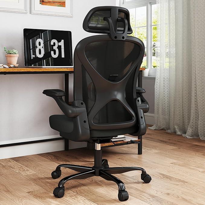 Ergonomic Office Chair Mesh Home Office Desk Chair with Adjustable Backrest and Headrest, Flip-up Armrests, Black