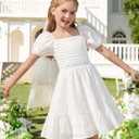 3 x GRACE KARIN Girls Summer Tie Back Dress Square Neck Lantern Sleeve Ruffle Hem Elegant Dresses for 7-14 Years (White)