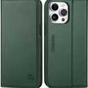 SHIELDON Case for iPhone 15 Pro Max 6.7" 5G, Genuine Leather Wallet Book Magnetic Cover RFID Blocking Credit Card Holder Kickstand Shockproof Case Compatible with iPhone 15 Pro Max - Evergreen
