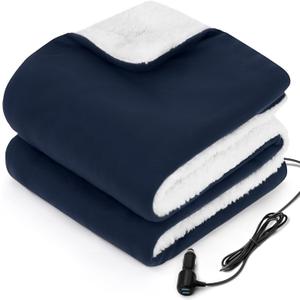 Sealy 12-Volt Heated Car Blanket with 2 USB Output Ports, 3 Heating Levels & 4 Hours Auto Off, Electric Blanket for Car, Truck, SUV, RV or Camping, Machine Washable, 59" X 43", Navy