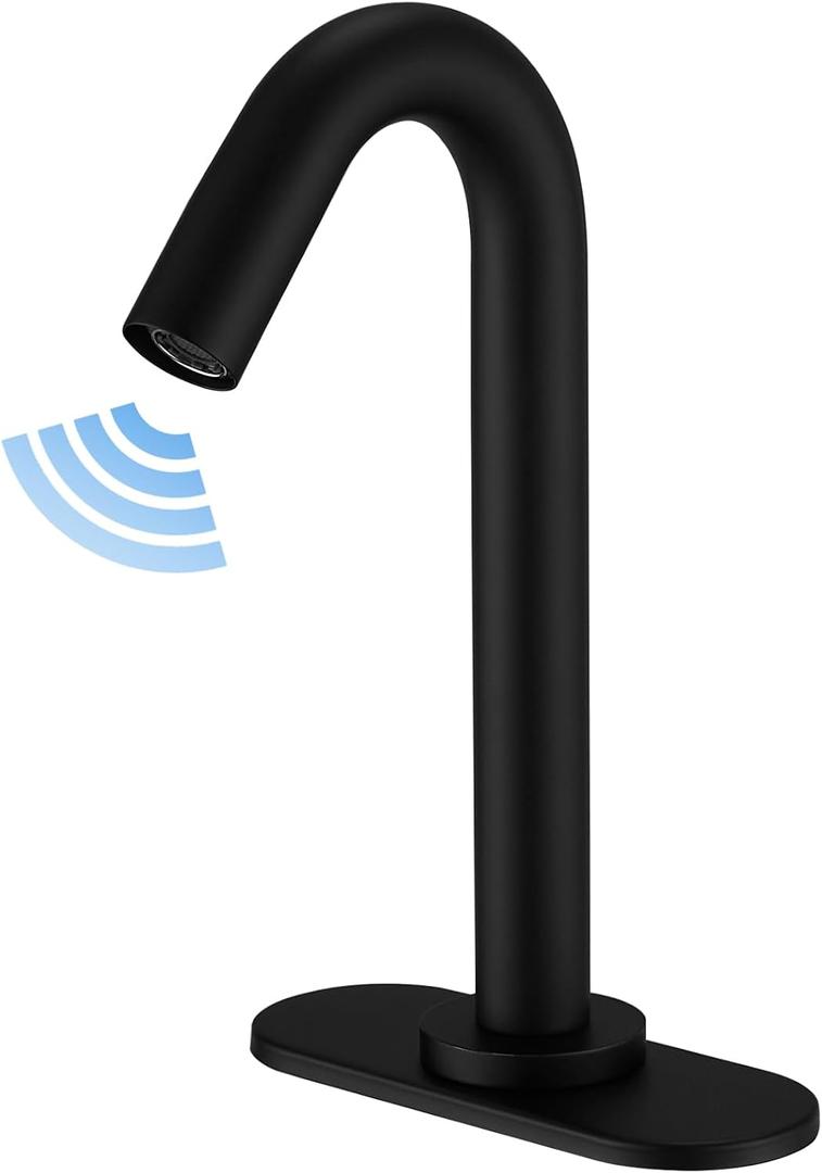 BWE Touchless Bathroom Sink Faucet, Black Automatic Motion Sensor Faucet,Hand-Free Electric Smart Commercial Sink Faucet,with Hole Cover Plate and Control Box,Battery or Plug-in Powered