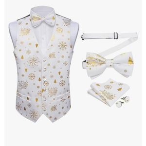 DiBanGu Mens Christmas Suit Vest Festive Xmas Dress Waistcoat and Bowtie Set Vacation Holiday Dress Vest for Tuxedo Party 2XL White Gold