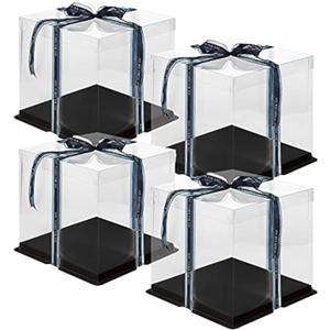10 Inch Clear Cake Box,4 Pcs 10" X 10" X 9" Transparent Cake Box with Ribbon for 8" Cakes- Tall Cake Boxs- Clear Gift Boxes with Lid for Wedding Party and Gift Display (Black-4 Set)
