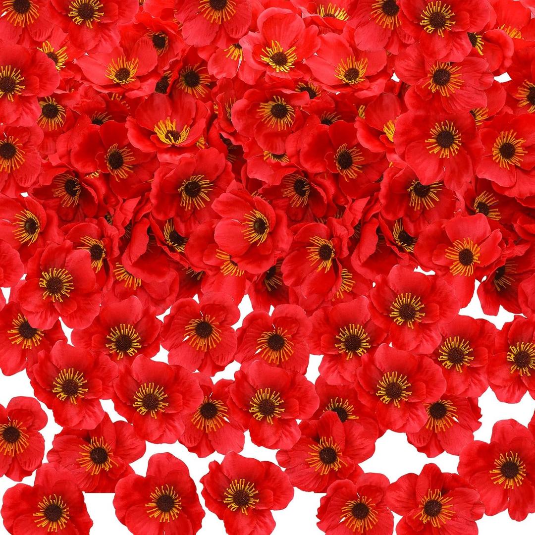 Zeyune 90 Pcs 3.15 Inch Red Poppy Flowers Veterans Day Artificial Poppy Heads Bulk Fake Silk Wicked Party Flowers for Halloween Wicked Trunk or Treat Decorations Carnival Memorial Day Backdrop Decor