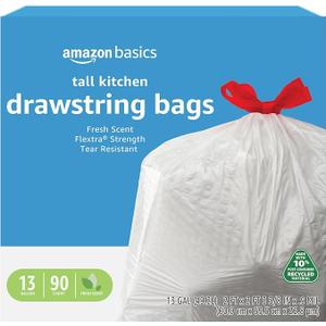 Basics 13 Gallon Tall Kitchen Drawstring Trash Bags, Flextra Strength, Tear Resistant, Puncture Resistant, 10% Post Consumer Recycled, 90 Count, White