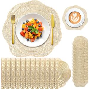 24 Pcs Round Pressed Vinyl Placemats Gold Placemat Coaster Set Metallic Place Mat Rose Floral Non Slip Table Mats for Wedding Dinner Party Table Supplies Washable Heat Resistant (Gold Rose, 24)