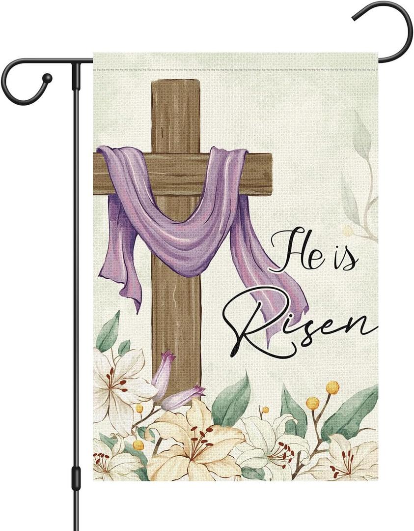 Louise Maelys Easter Garden Flag 12x18 Double Sided Burlap, Small Vertical Easter Cross Lilies Garden Yard Flags He is Risen for Religion Easter Spring Outdoor Outside Decoration (ONLY FLAG)