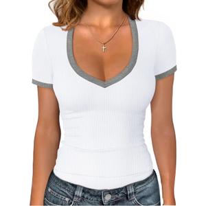 Sampeel Short Sleeve Shirts for Women V Neck Summer Ribbed Tshirts 2026 Slim Fit Spring Fashion Going Out Basic Tees (White, XL)
