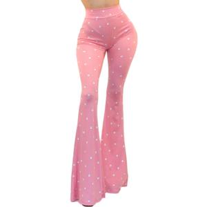 Vivicastle Women's USA Boho Solid Hippie Wide Leg Flared Bell Bottom Pants (Medium, Pink Flower)