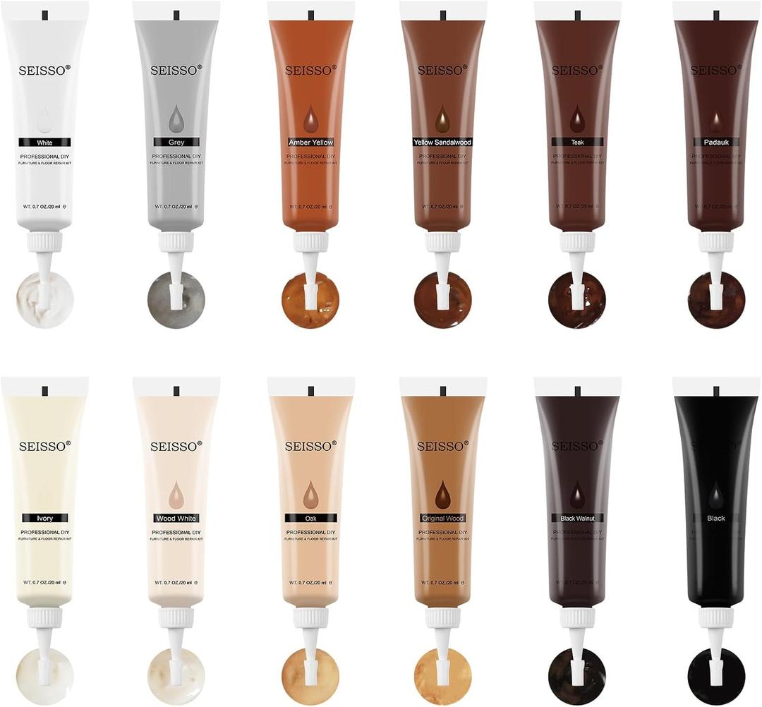 SEISSO Furniture Repair Kit, 12 Colors Wood Touch up Paint, Wood Stain, Wood Filles, Wood Paint Restore Any Wooden Floors, Cabinet, Tables, Carpenters, fix furniture Scratches, Cracks, Hole