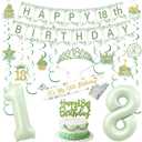 Funmemoir Sage Green 18th Birthday Decorations for Girls - Happy 18th Birthday Banner Cake Topper Hanging Swirls Balloons Crown and Sash for Eighteen Its My 18th Year Old Party