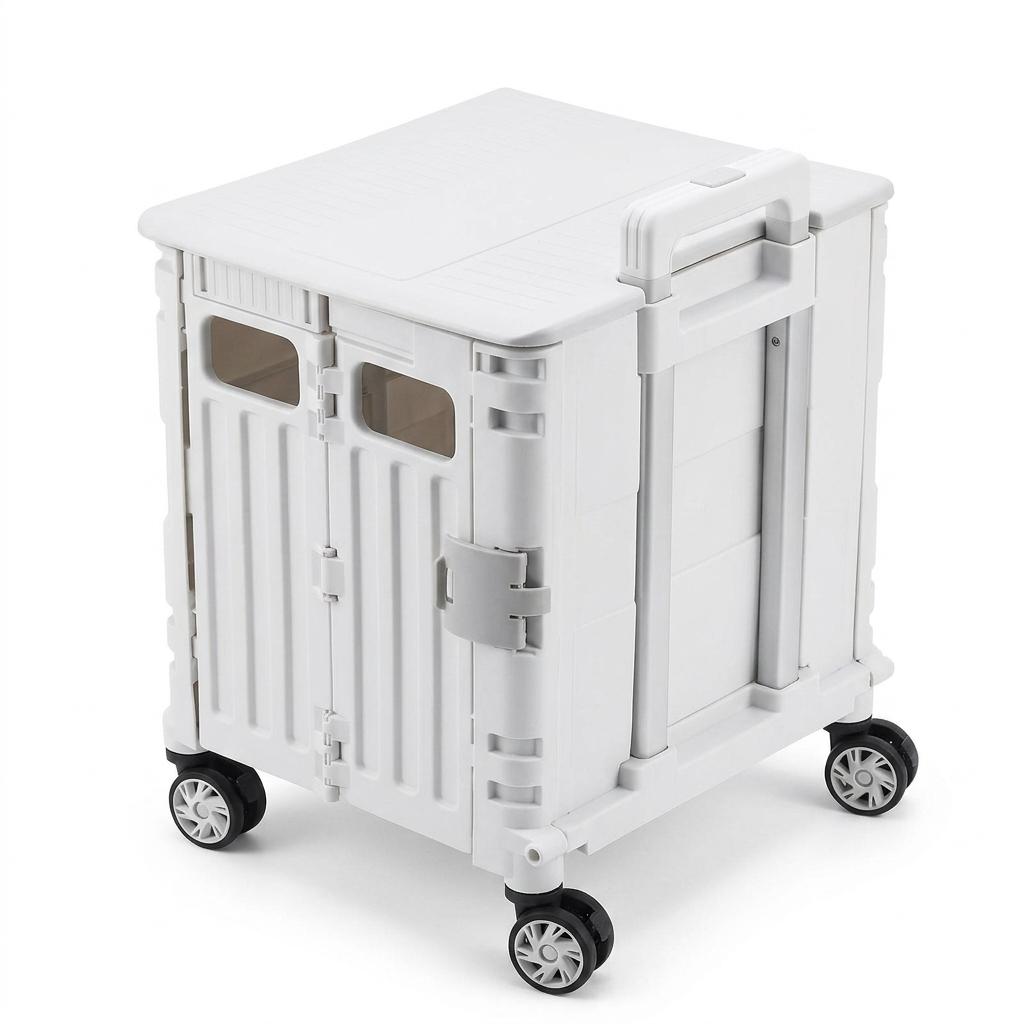 Folding Portable Shopping Cart, Lightweight Plastic Hand Pull Cart with Universal Wheels, Collapsible Utility Trolley for Grocery, Shopping & Daily Storage (Off White)