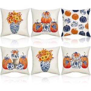 Set of 6 Fall Pumpkin Pillow Covers 18x18 Chinoiserie Pumpkin Pillow Cases Blue and Orange Grandmillennial Autumn Decorations for Couch Sofa Bed Harvest Thanksgiving Outdoor
