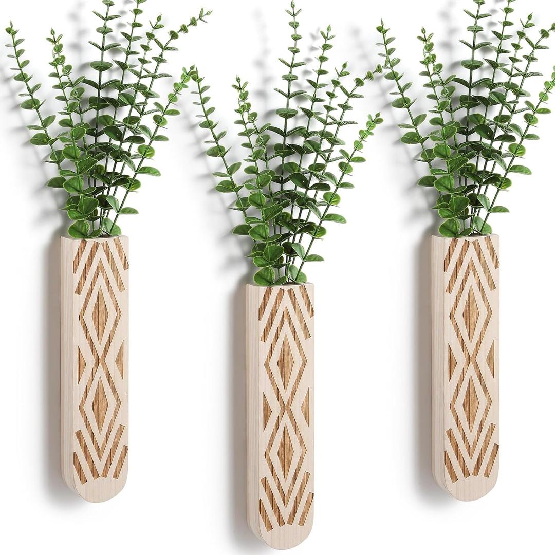 3 Pack Wood Wall Planter, Boho Wall Art for Entryway and Bathroom Decor, Modern Farmhouse Decor, Wall Decor Vase for Holding Fake Plants and Dried Flowers (Log Color-b)