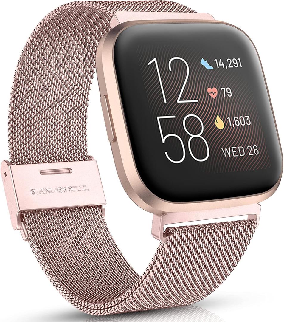 Maledan Metal Bands Compatible with Fitbit Versa 2 Band for Women Men, Adjustable Stainless Steel Mesh Loop Bracelet Wristbands for Fitbit Versa 2/Versa/Versa Lite SE, Rose Gold