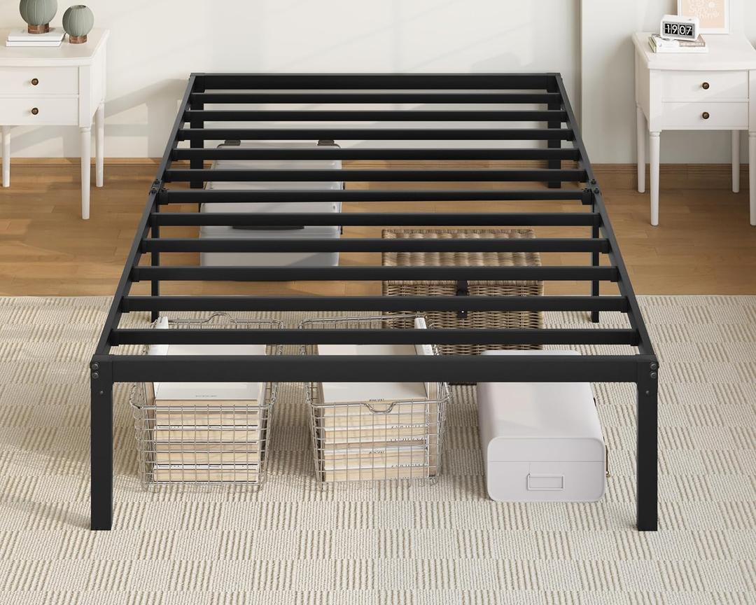 Twin Bed Frame, 14 inch Metal Beds with Storage Space, Black Heavy-Duty Metal Platform Beds, Large Under-Bed Storage Space, No Box Spring Needed, Easy Assembly