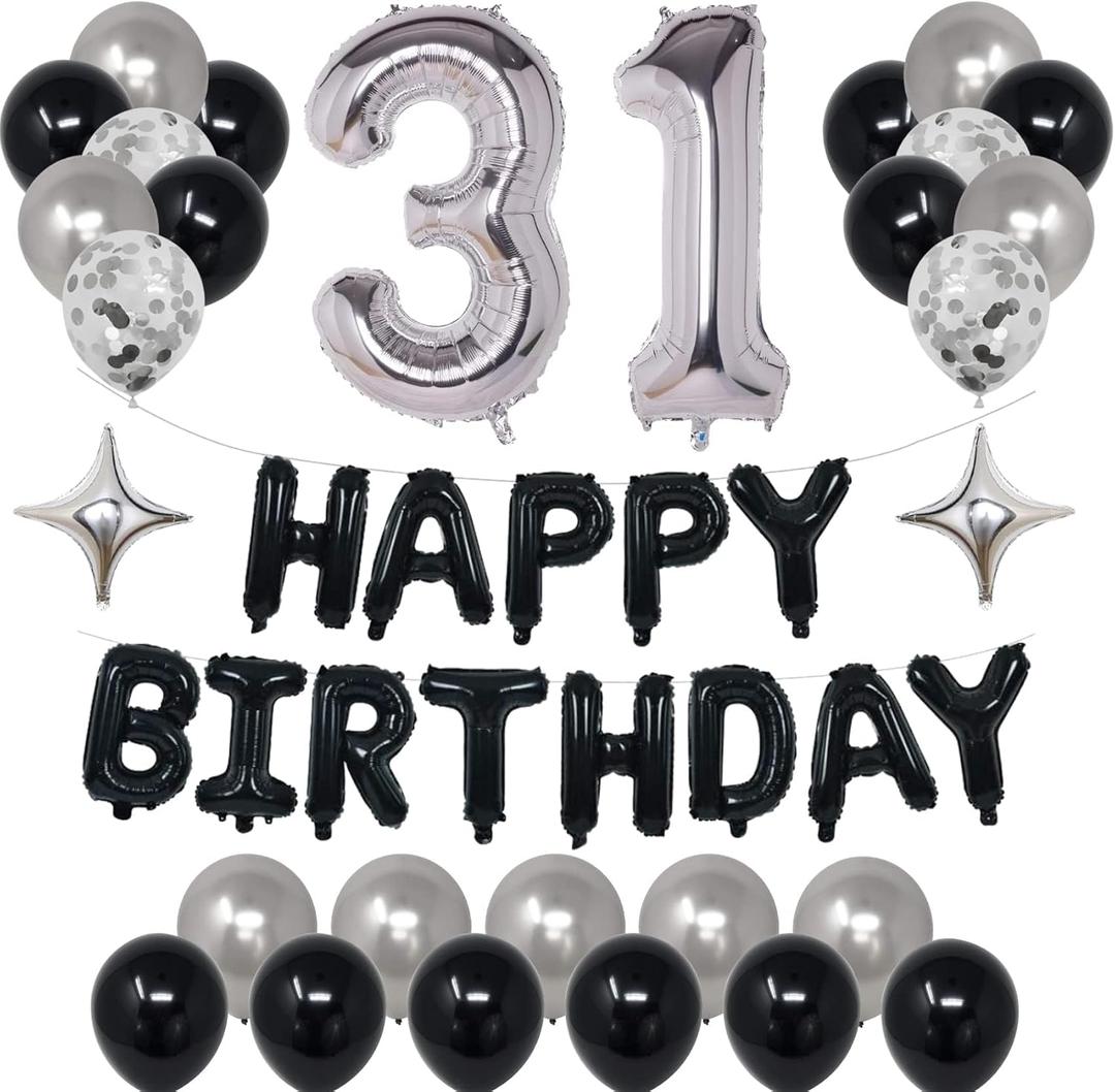 31st Black Silver Birthday Party Decorations for Men Women, Happy 31 Birthday Party Supplies with Black Happy Birthday Banner,31 Number Balloons, Silver Foil Stars, Happy Birthday Balloons for 31st Birthday