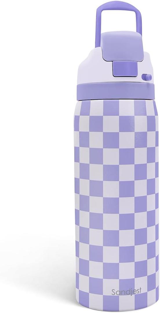 Checkered Insulated Stainless Steel Water Bottle with Straw for Sports and Travel, 32oz, Gifts for Women Girls Friends Teens Birthday Christmas (Purple)